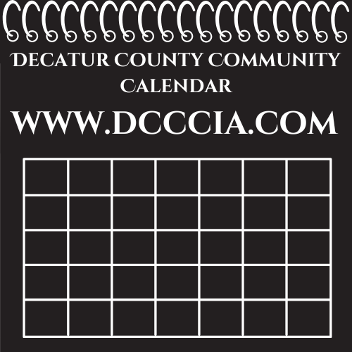 A black and white illustration of a hanging calendar with the text "Decatur County Community Calendar" and "www.dcccia.com" at the top. Below is a blank grid representing the calendar dates.