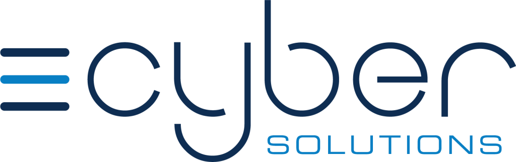 Logo with the word "cyber" in lowercase blue letters, featuring three horizontal lines to the left of the "c." Below, "SOLUTIONS" is written in smaller uppercase blue font. The design is clean and contemporary.