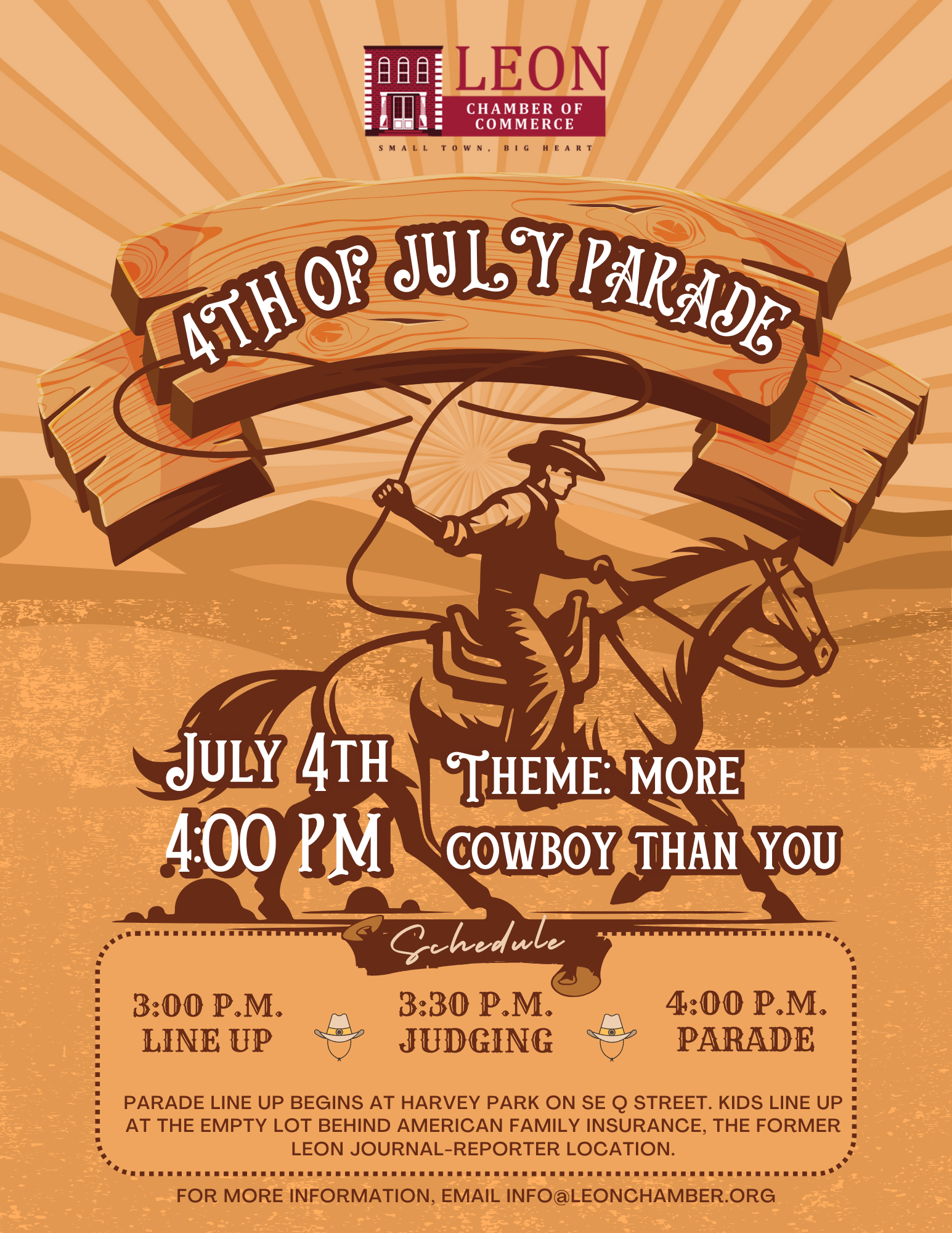 Poster for Leon Chamber of Commerce 4th of July Parade featuring a cowboy on horseback holding an American flag. Parade is July 4th, 4 PM, theme is "More Cowboy Than You," with lineup at 3 PM and judging at 3:30 PM.